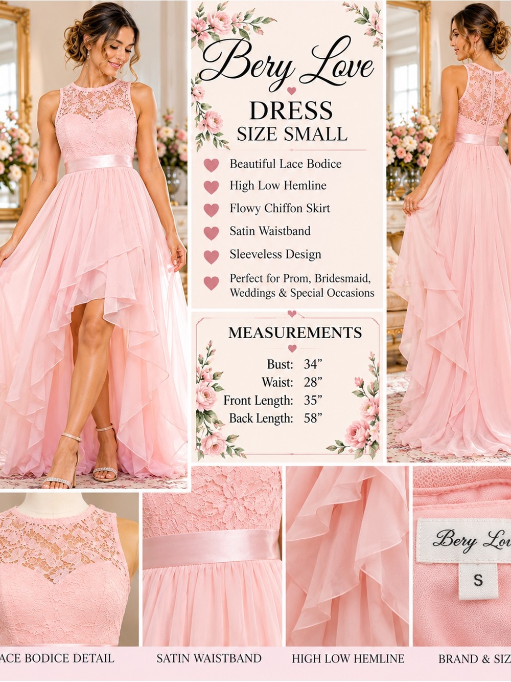 Sleeveless Pink Lace High-Low Chiffon Dress